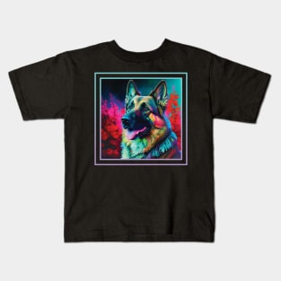 Excited German Shepherd Floral Vibrant Tropical Digital Oil Painting Pet Portrait Kids T-Shirt